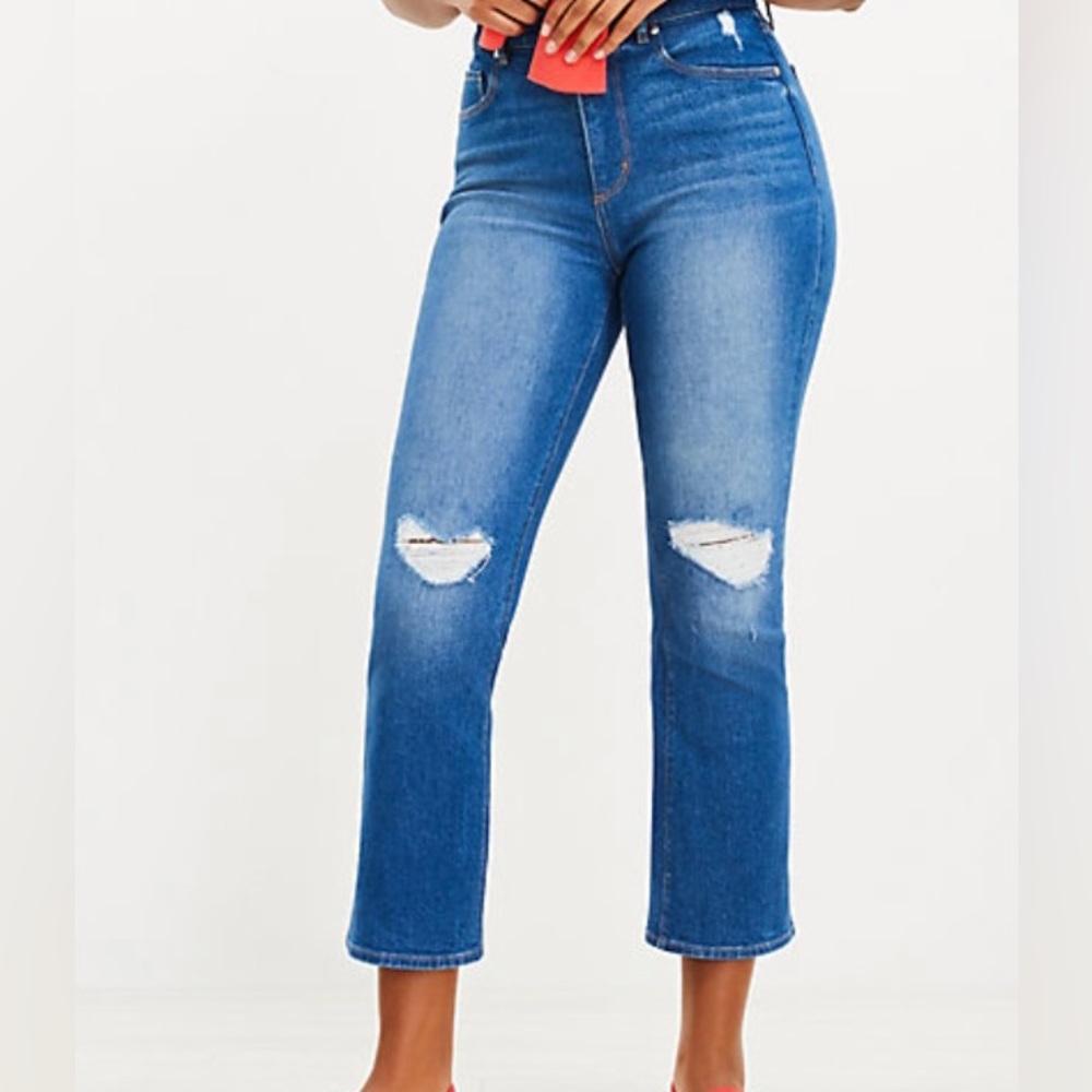 Loft brand Destructed High Rise Kick Crop jeans in Mid Wash